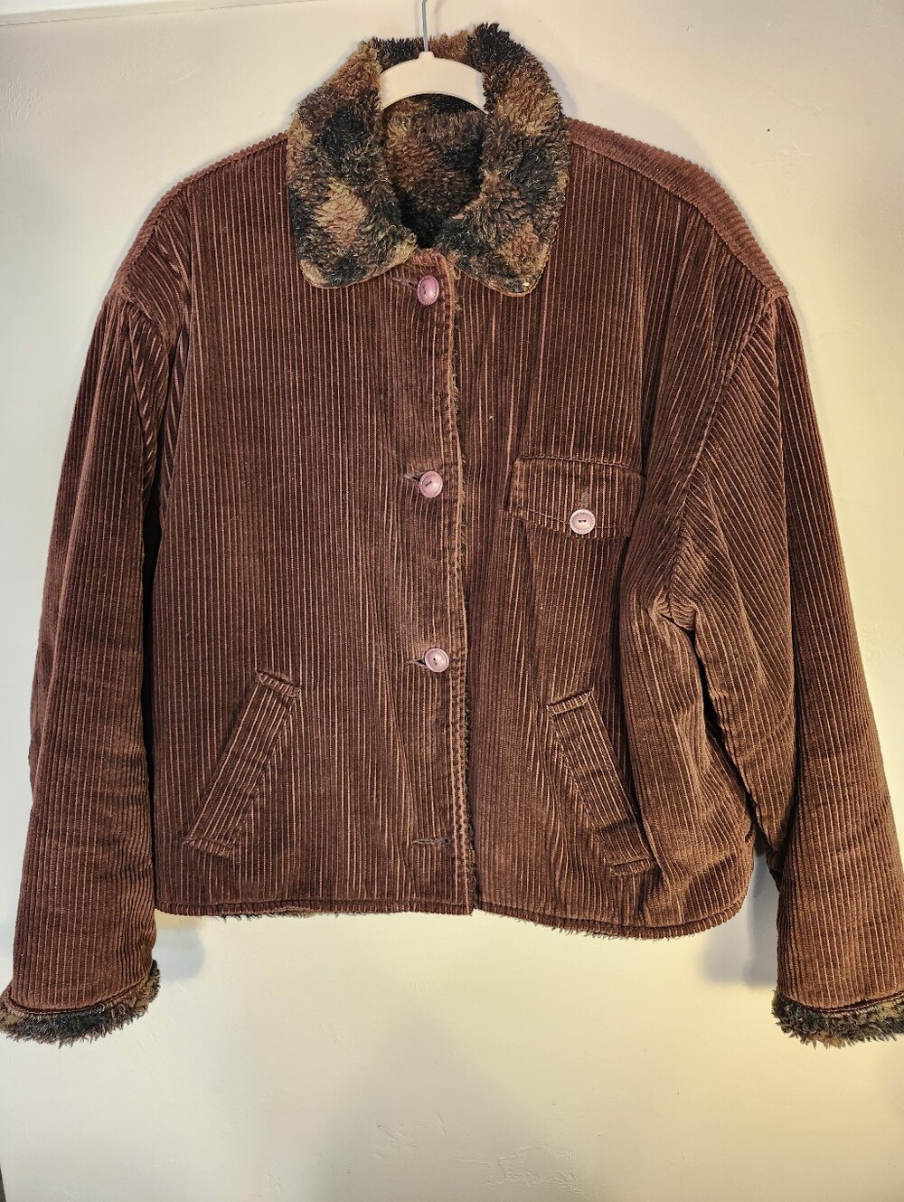 Classic Vintage Reversable Brown Corduroy Jacket And Faux Fur Check
